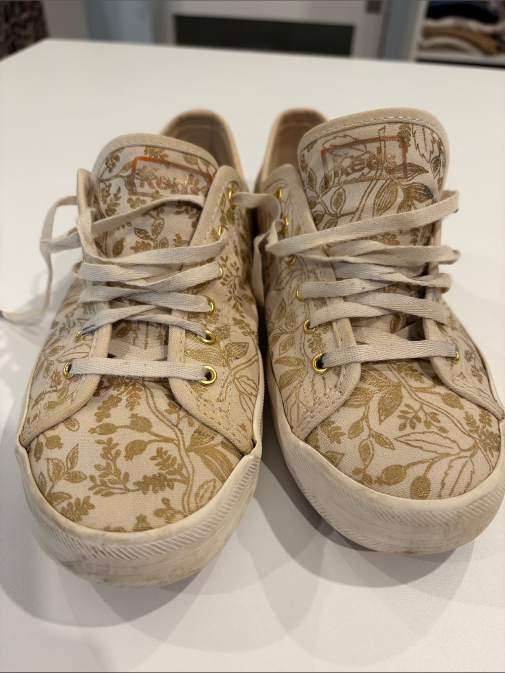 Keds Beige Floral Canvas Sneakers with Gold Eyelets